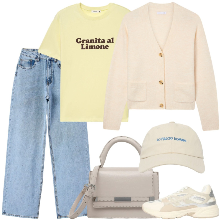 Outfit donna - Esami di riparazione. Stile Trendy per Scuola/Università. Abbinamento con cardigans, jeans, sneakers, cappelli con visiera, borse a tracolla, t-shirt.
