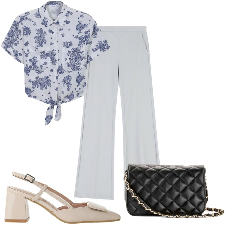 Outfit donna - Total look #2456061. Stile Trendy per Tutti i giorni. Abbinamento con borse a tracolla, pantaloni, décolleté, camicie a manica corta.