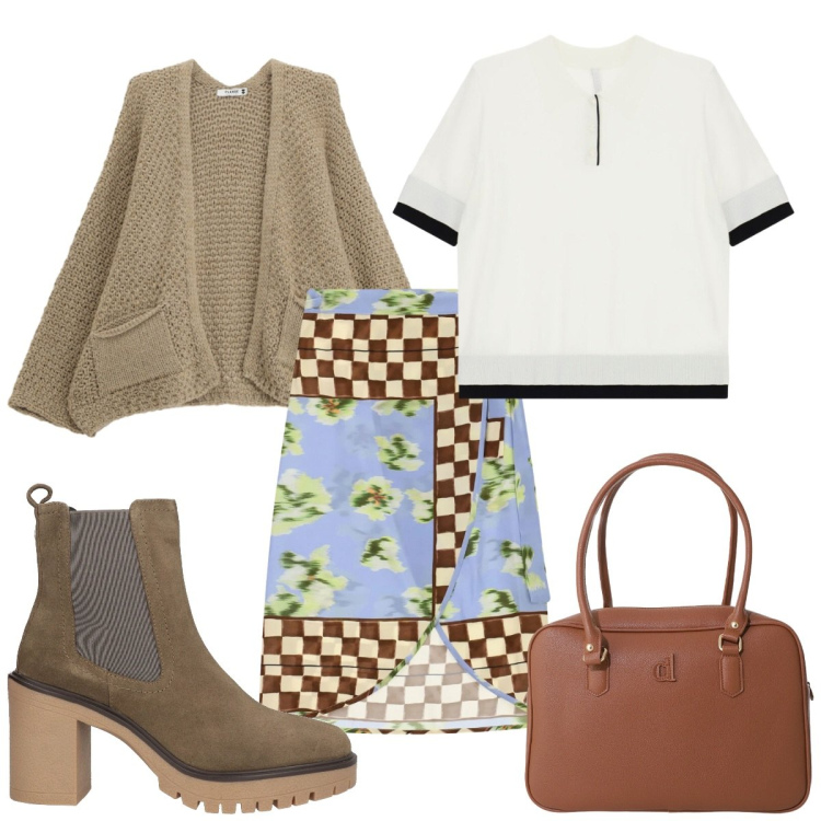 Outfit donna - Total look #2456066. Stile Trendy per Tutti i giorni. Abbinamento con stivaletti chelsea, polo, borse a mano, gonne longuette, cardigans.