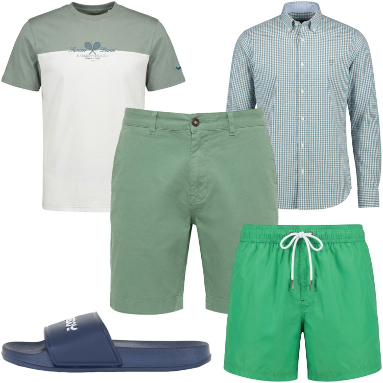 Outfit uomo - Vacanza wild verde natura. Stile Trendy per Mare. Abbinamento con t-shirt, camicie, bermuda, costumi, sandali.