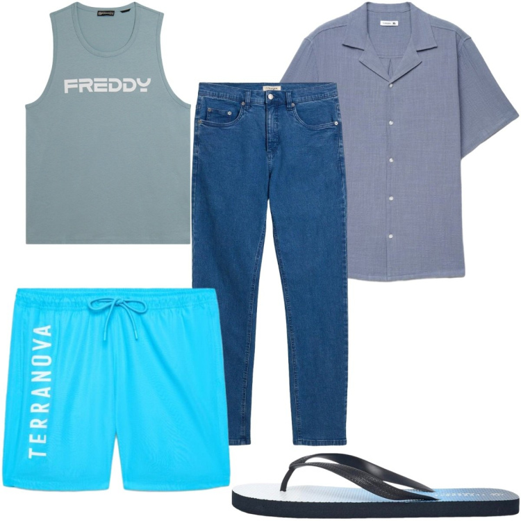 Outfit uomo - Vacanza wild al mare. Stile Trendy per Mare. Abbinamento con jeans, sandali, camicie a manica corta, costumi, canottiere.