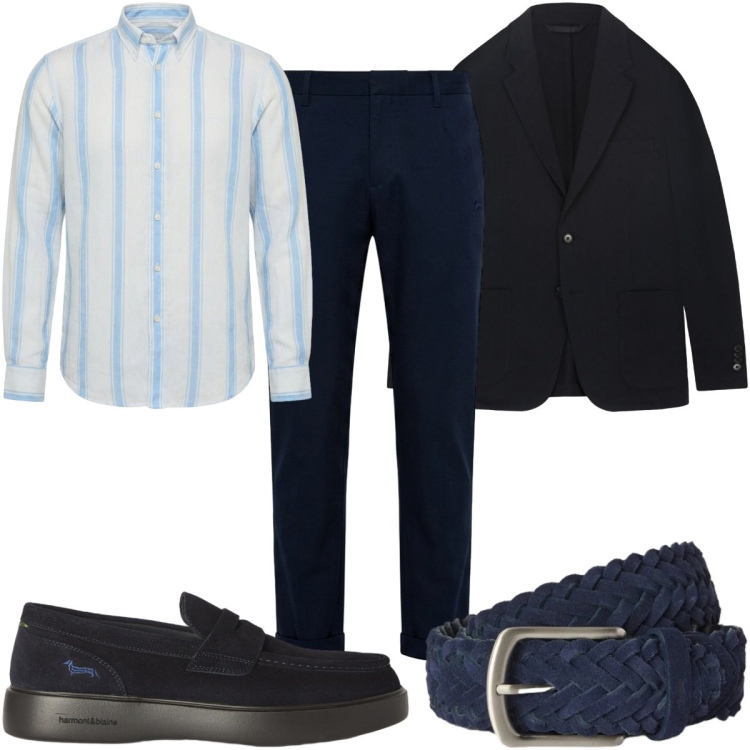 Outfit uomo - Completo leggero per l\'ufficio. Stile Business/Elegante per Ufficio. Abbinamento con camicie, pantaloni, cinture, scarpe stringate, giacche.