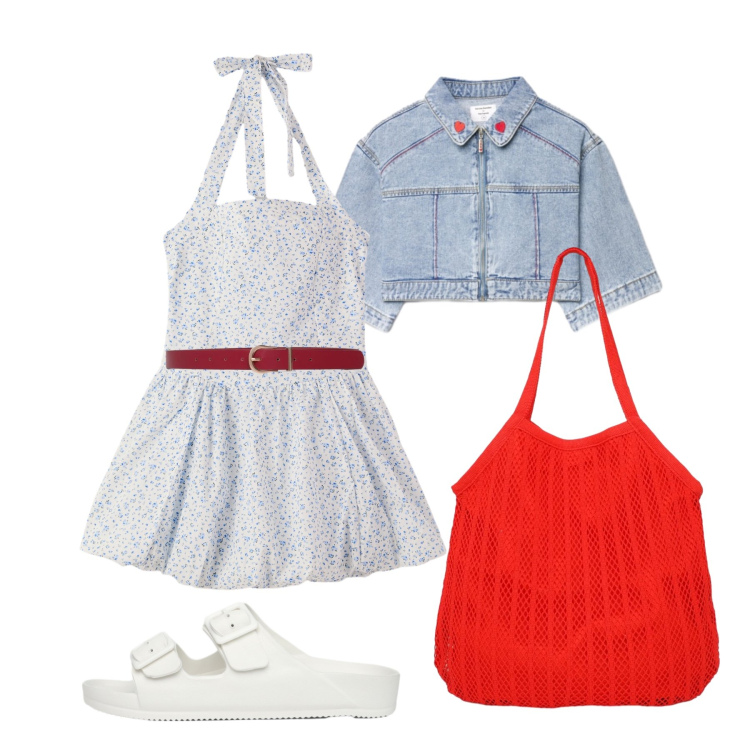 Outfit donna - Agosto. Stile Romantica per Tutti i giorni. Abbinamento con vestiti corti, cappotti, shopping bag, cinture, ciabatte.