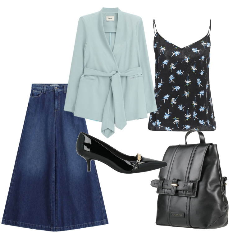 Outfit donna - Giacca fluida azzurro polvere. Stile Glamour per Ufficio. Abbinamento con top, zaini, décolleté, blazer, jeans.
