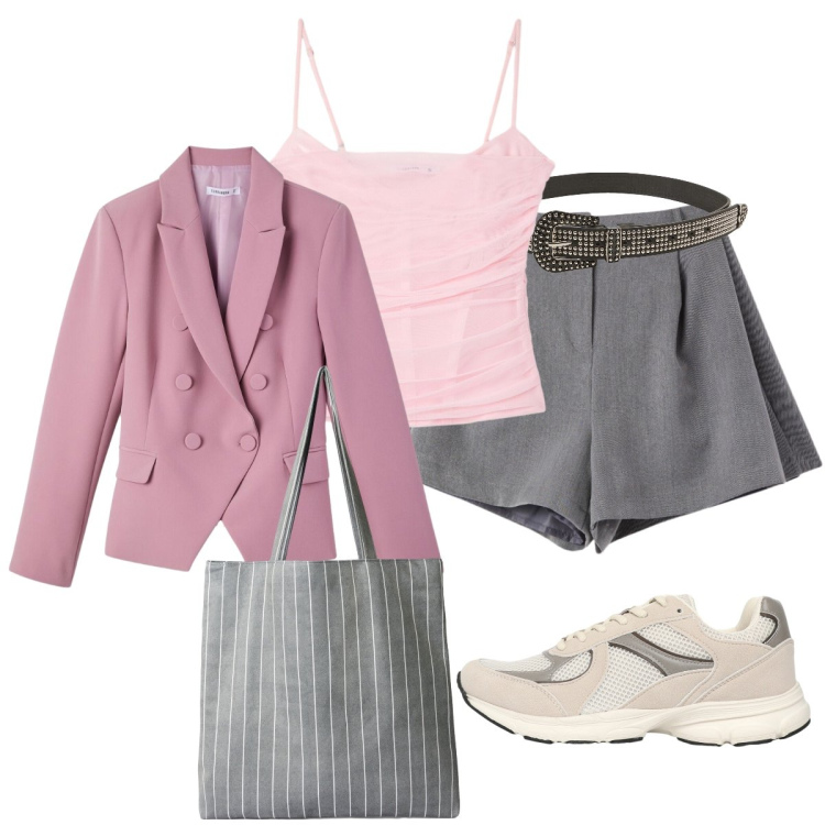 Outfit donna - Armonia : rosa antico e grigio urban. Stile Minimal per Tutti i giorni. Abbinamento con shorts, cinture, shopping bag, sneakers, blazer, canottiere.