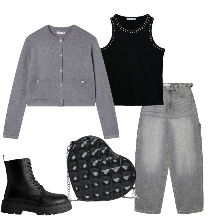 Outfit donna - Terranova infinite Summer. Stile Casual per Serata fuori. Abbinamento con cardigans, anfibi, jeans, borse a tracolla, canottiere.