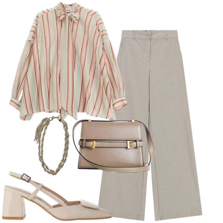 Outfit donna - City. Stile Casual chic per Tutti i giorni. Abbinamento con borse a tracolla, décolleté, pantaloni a palazzo, collane, camicie.