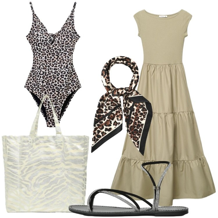 Outfit donna - Terranova - Infinite Summer. Stile Trendy per Mare. Abbinamento con costumi interi, foulard, shopping bag, sandali, vestiti lunghi.