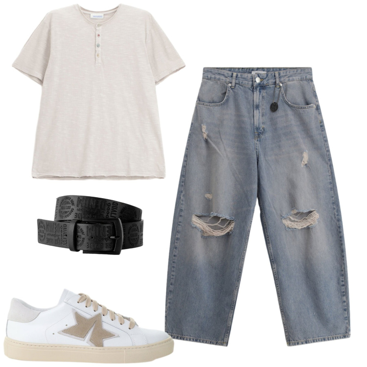 Outfit uomo - Imperial. Stile Casual per Tutti i giorni. Abbinamento con cinture, t-shirt, jeans strappati, sneakers.
