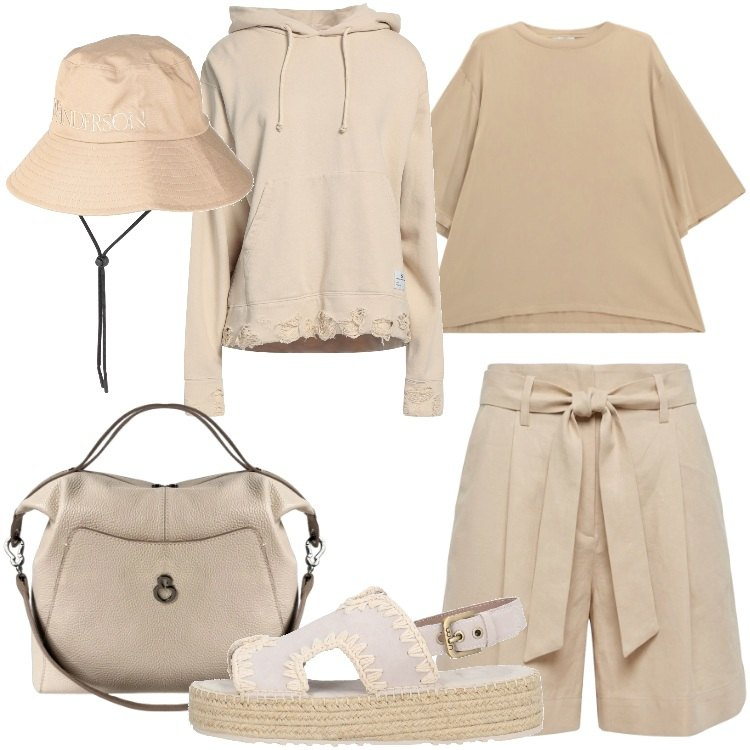 Outfit donna - Naturale in vacanza - Focus Donna Curvy. Stile Casual per Tutti i giorni. Abbinamento con felpe con cappuccio, cappelli, espadrillas, bermuda, t-shirt, borse a mano.