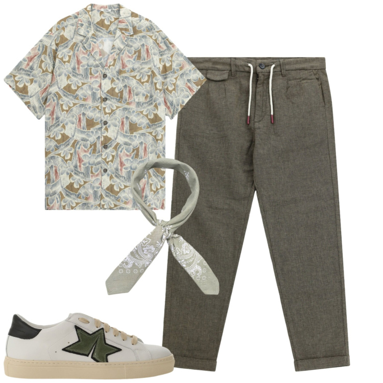 Outfit uomo - Total look #2456205. Stile Casual per Tutti i giorni. Abbinamento con camicie a manica corta, pantaloni, sneakers, sciarpe e foulard.