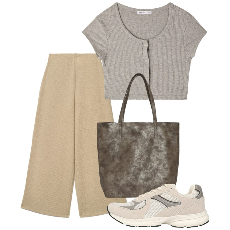 Outfit donna - Terranova - Infinite Summer. Stile Bon Ton per Tutti i giorni. Abbinamento con shopping bag, top, sneakers, pantaloni a palazzo.