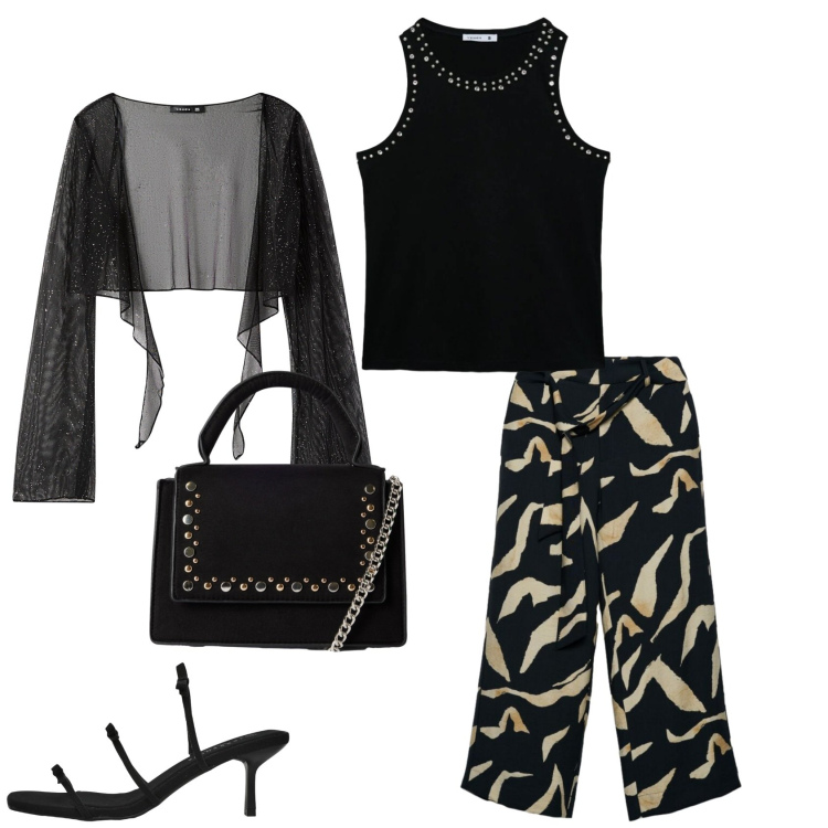 Outfit donna - Total look #2456228. Stile Chic per Serata fuori. Abbinamento con blazer, canottiere, borse a tracolla, sandali col tacco, pantaloni.