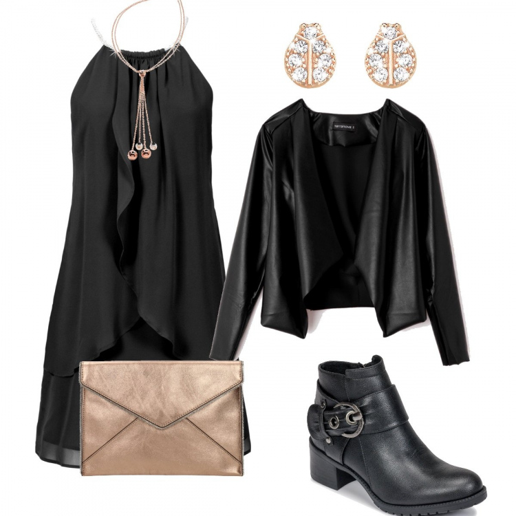 Outfit donna - 8 marzo con le amiche. Stile Rock per Serata fuori. Abbinamento con vestito chiffon, collana, giacca scollatura in ecopelle nero, pochette, stivaletti nero, orecchini in argento 925 argento.