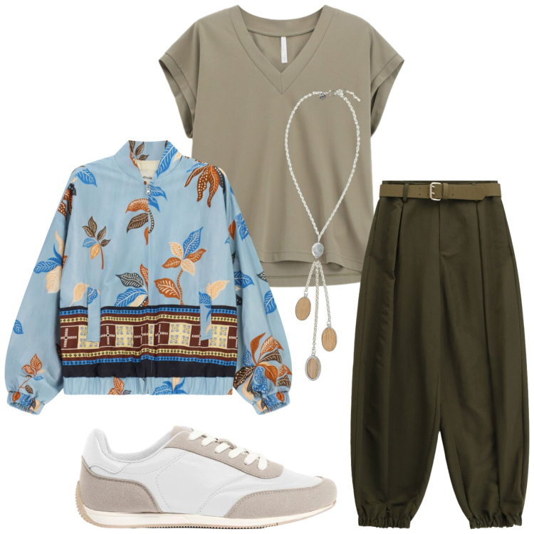 Outfit donna - Total look #2456239. Stile Trendy per Tutti i giorni. Abbinamento con sneakers, pantaloni, top, collane, bomber.