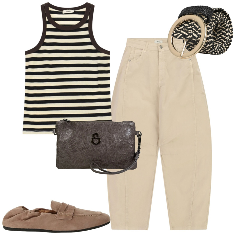 Outfit donna - City. Stile Casual chic per Tutti i giorni. Abbinamento con pantaloni, mocassini, canottiere, cinture, pochette.