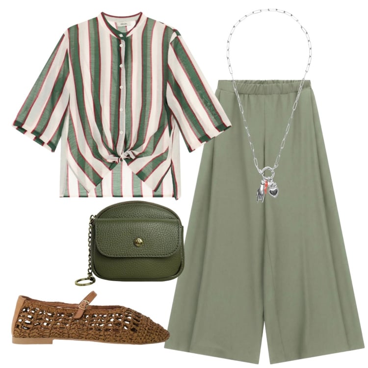 Outfit donna - Una passeggiata in relax. Stile Casual per Tutti i giorni. Abbinamento con pantaloni a palazzo, ciondoli, camicie, ballerine, portachiavi.