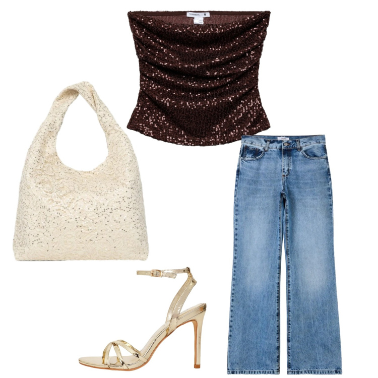 Outfit donna - Total look #2456242. Stile Casual chic per Serata fuori. Abbinamento con jeans bootcut, borse a spalla, top, sandali col tacco.