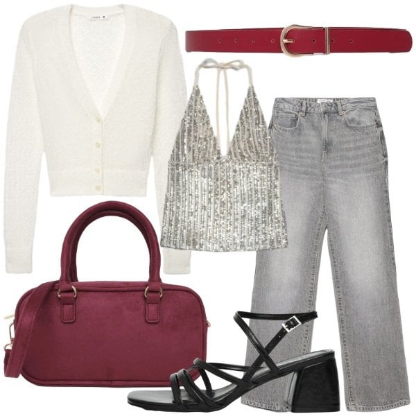 Outfit donna - Infinite Summer. Stile Casual chic per Serata fuori. Abbinamento con jeans dritti, cardigans, sandali col tacco, top, borse a tracolla, cinture.