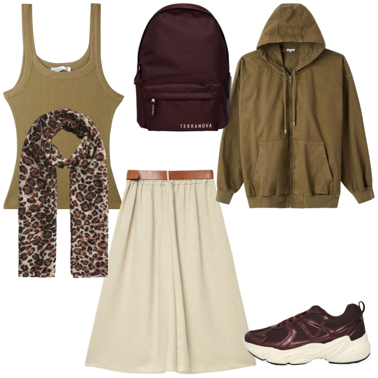Outfit donna - Summer fresh. Stile Sporty chic per Tutti i giorni. Abbinamento con zaini, foulard, gonne lunghe, blazer, sneakers, canottiere.