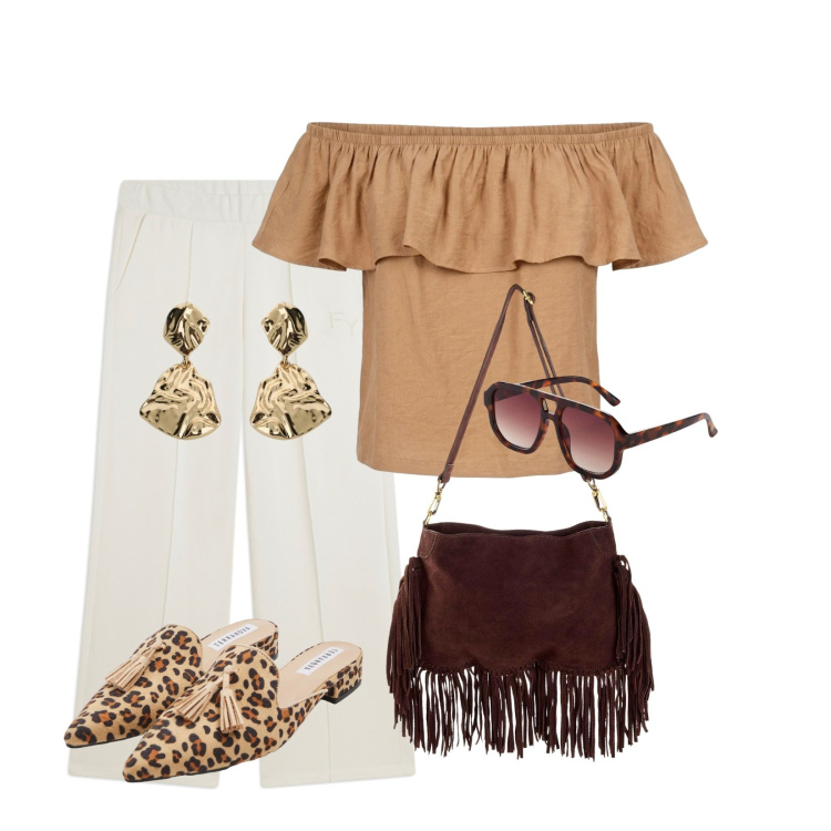 Outfit donna - BoHo chic. Stile Boho per Tutti i giorni. Abbinamento con occhiali da sole, borse a tracolla, sabot, orecchini, pantaloni, top.