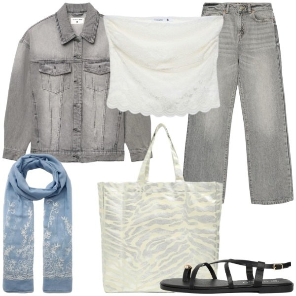 Outfit donna - Serata di fine agosto. Stile Casual chic per Serata fuori. Abbinamento con shopping bag, top, sandali, jeans dritti, cappotti, sciarpe.