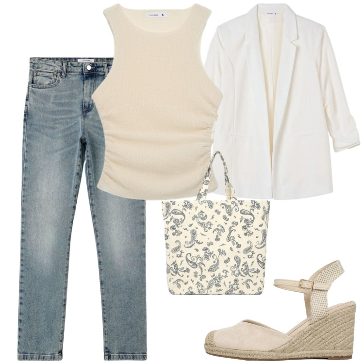 Outfit donna - Settembre style. Stile Chic per Ufficio. Abbinamento con top, zeppe, blazer, jeans slim fit, shopping bag.