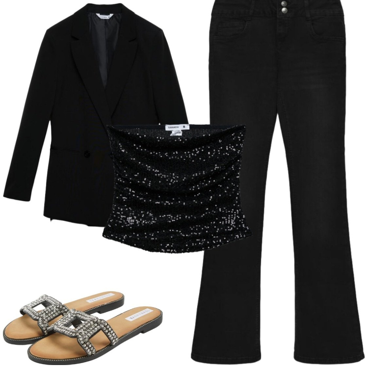 Outfit donna - Eventininformali. Stile Chic per Serata fuori. Abbinamento con top, jeans bootcut, blazer, ciabatte.