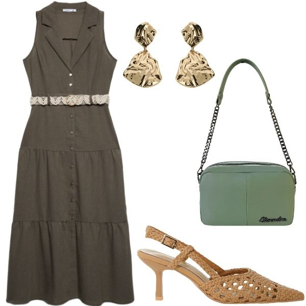 Outfit donna - Estate. Stile Casual per Tutti i giorni. Abbinamento con décolleté, orecchini, vestiti chemisier, borse a tracolla.