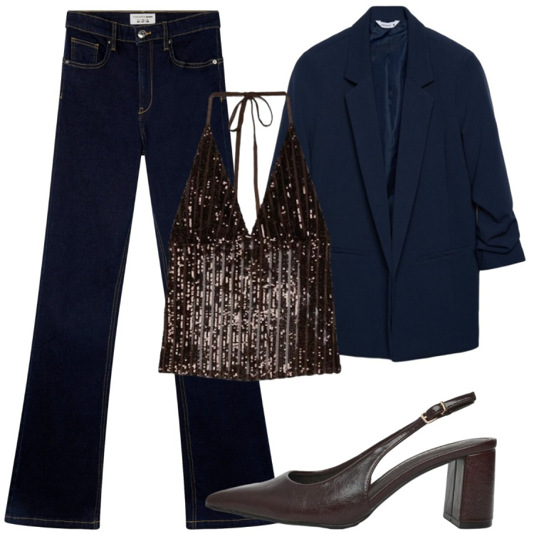 Outfit donna - Blu su marrone scintillante. Stile Chic per Serata fuori. Abbinamento con jeans a zampa, blazer, top, décolleté.