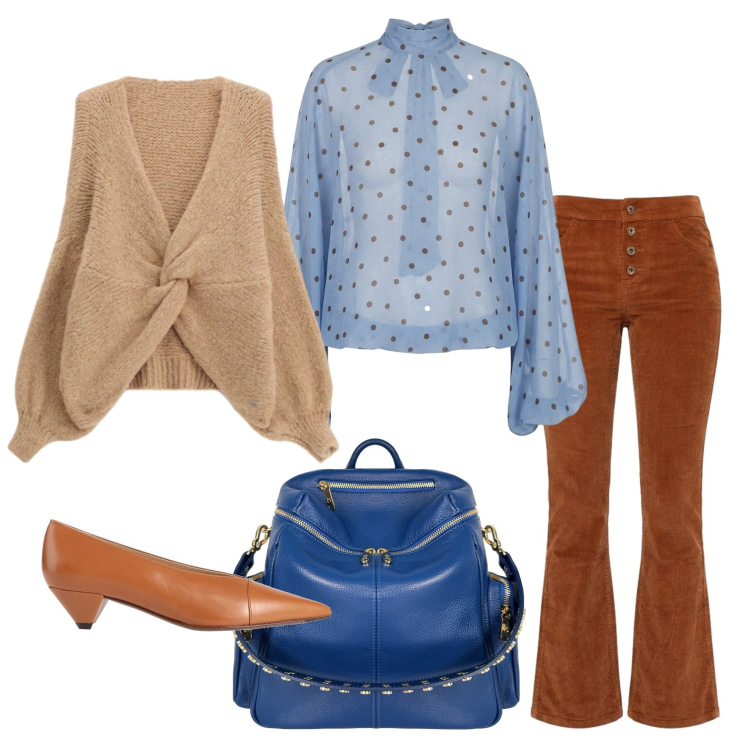 Outfit donna - Pensando all\'autunno. Stile Casual chic per Tutti i giorni. Abbinamento con décolleté, cardigans, zaini, pantaloni, bluse.