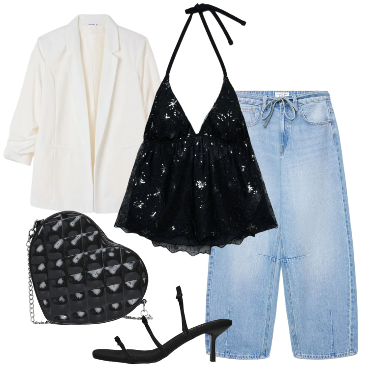 Outfit donna - Balliamo. Stile Glamour per Serata fuori. Abbinamento con top, jeans, borse a tracolla, blazer, sandali col tacco.