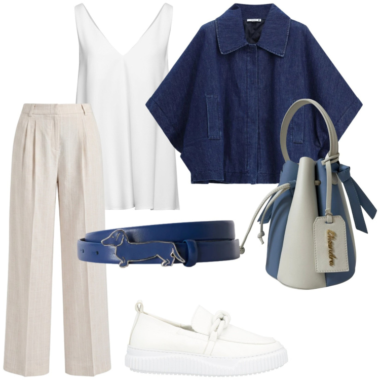Outfit donna - Total look #2456267. Stile Casual per Tutti i giorni. Abbinamento con mocassini, top, pantaloni, cinture, blazer, borse a secchiello.