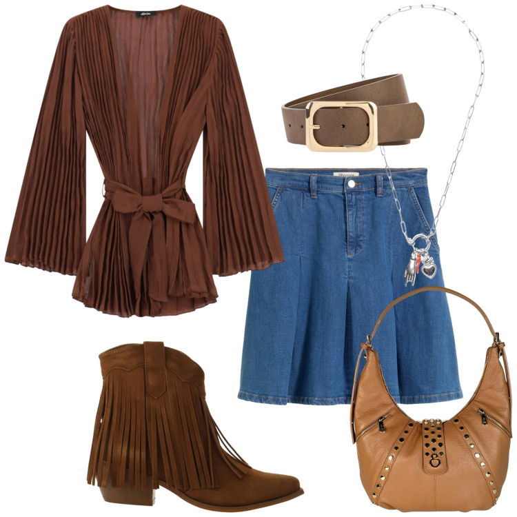 Outfit donna - Total look #2456269. Stile Etnico per Serata fuori. Abbinamento con cinture, minigonne, ciondoli, stivaletti texani, kimono, borse a spalla.