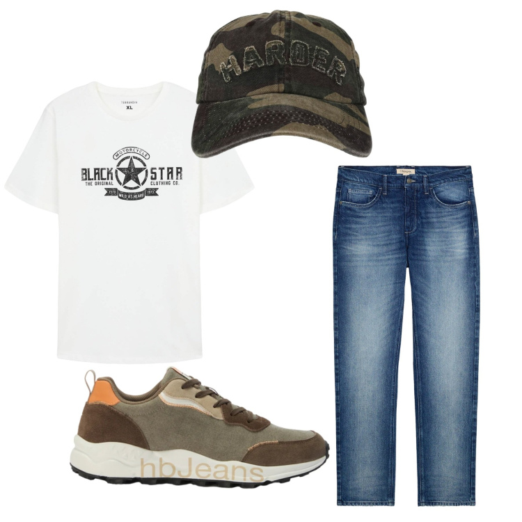 Outfit uomo - Total look #2456270. Stile Casual per Tutti i giorni. Abbinamento con jeans dritti, sneakers, t-shirt, cappelli con visiera.