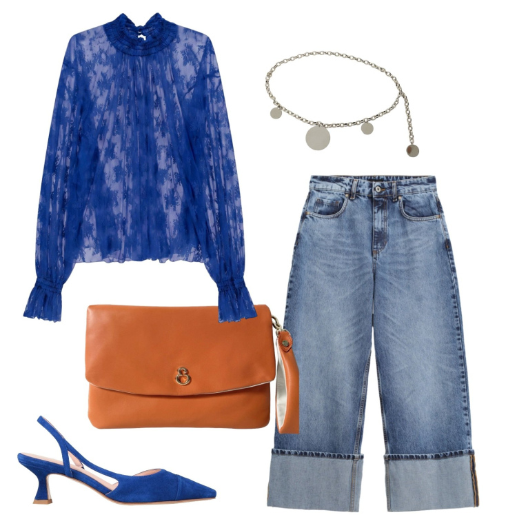 Outfit donna - Bluette!. Stile Casual chic per Serata fuori. Abbinamento con décolleté, bluse, jeans, cinture, pochette.