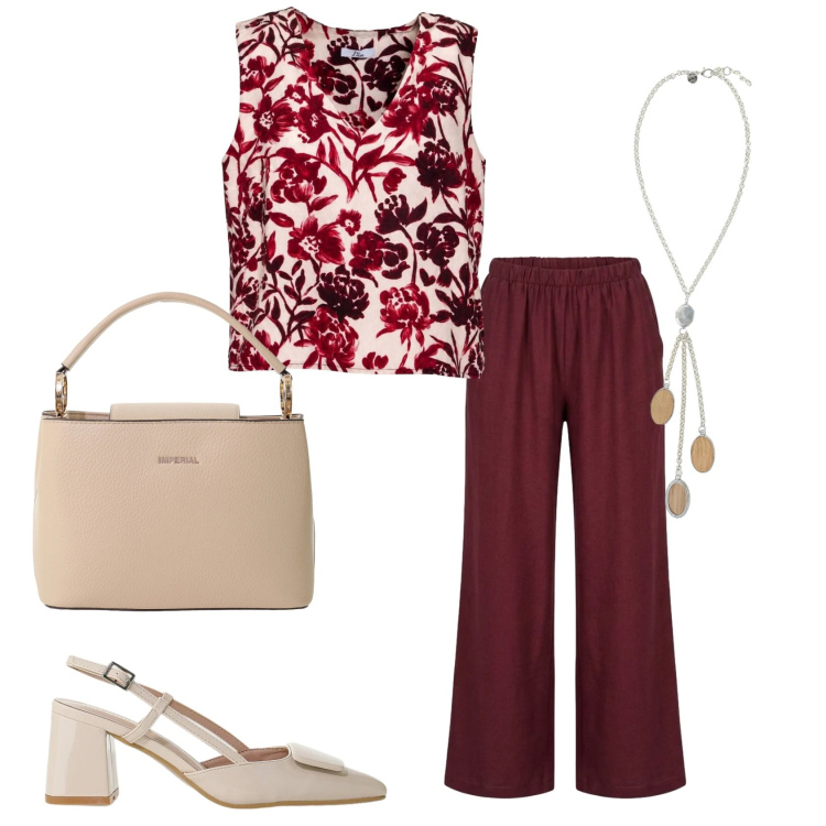 Outfit donna - Rientro in ufficio. Stile Casual chic per Tutti i giorni. Abbinamento con décolleté, borse a secchiello, collane, canottiere, pantaloni a palazzo.
