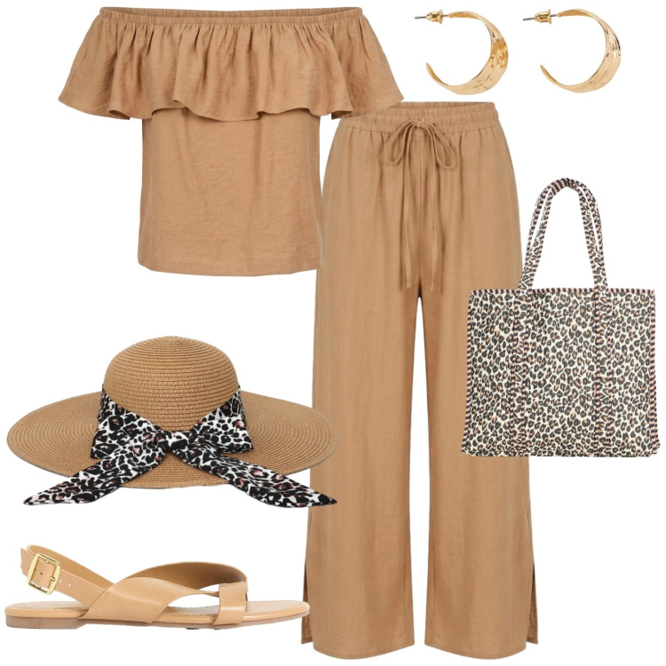 Outfit donna - Casual agosto. Stile Casual per Tutti i giorni. Abbinamento con sandali, orecchini, shopping bag, cappelli, pantaloni, top.
