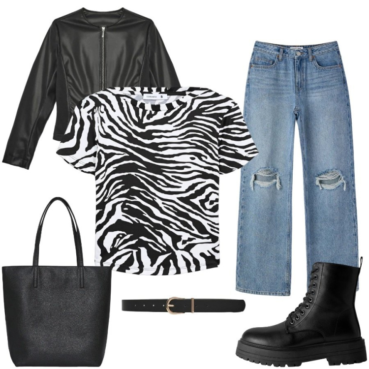 Outfit donna - Total look #2456295. Stile Casual chic per Tutti i giorni. Abbinamento con t-shirt, anfibi, cinture, jeans strappati, borse tote, giacche.