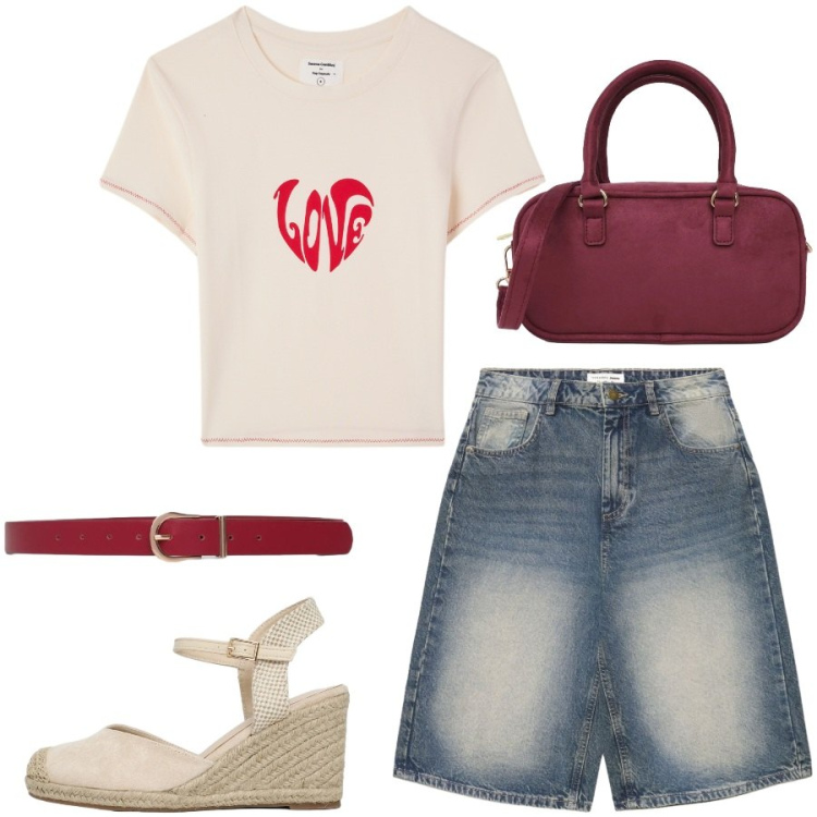 Outfit donna - Total look #2456296. Stile Casual chic per Tutti i giorni. Abbinamento con pantaloni corti, zeppe, t-shirt, borse a tracolla, cinture.