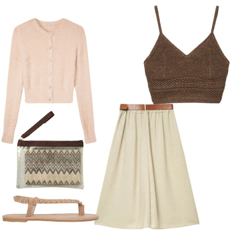 Outfit donna - Total look #2456298. Stile Casual chic per Tutti i giorni. Abbinamento con cardigans, top, ciabatte, gonne lunghe, pochette.