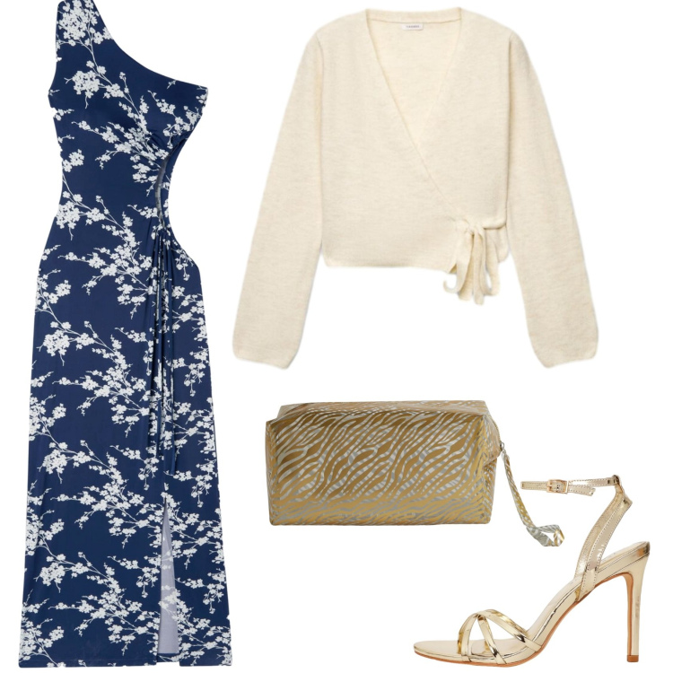 Outfit donna - Cut. Stile Casual chic per Serata fuori. Abbinamento con vestiti asimmetrici, cardigans, sandali col tacco, valigie.