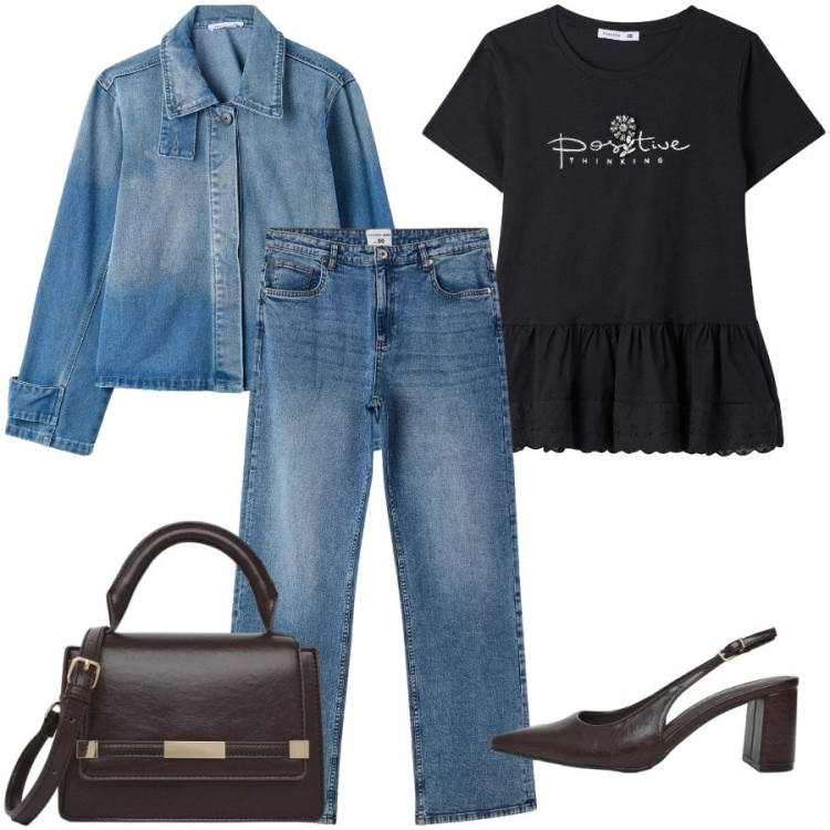 Outfit donna - Total look #2456301. Stile Casual chic per Tutti i giorni. Abbinamento con cappotti, t-shirt, jeans dritti, décolleté, borse a tracolla.
