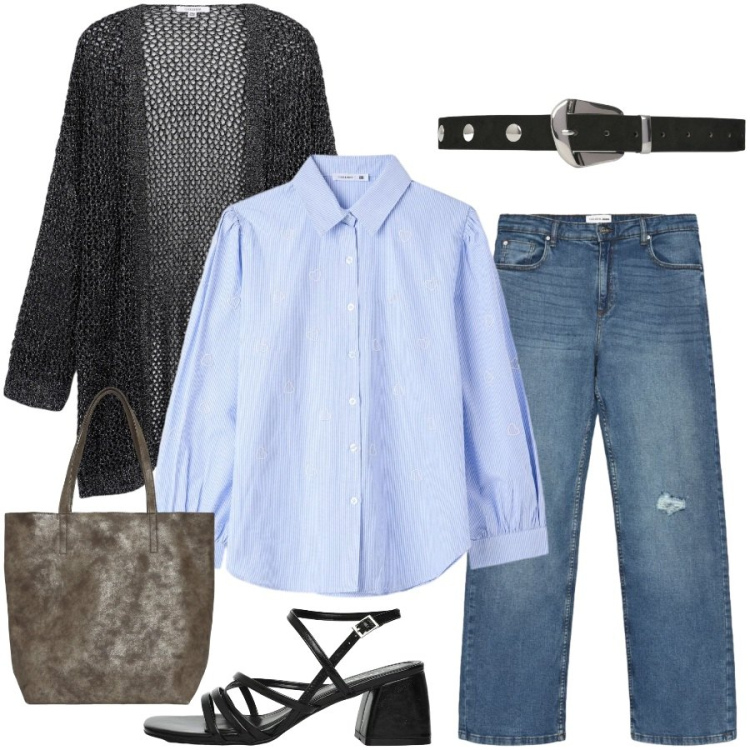 Outfit donna - Total look #2456303. Stile Casual chic per Tutti i giorni. Abbinamento con jeans strappati, shopping bag, camicie, cinture, kimono, sandali col tacco.
