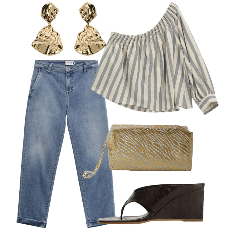 Outfit donna - Monospalla fine agosto. Stile Casual chic per Tutti i giorni. Abbinamento con bluse, orecchini, sandali col tacco, valigie, jeans.