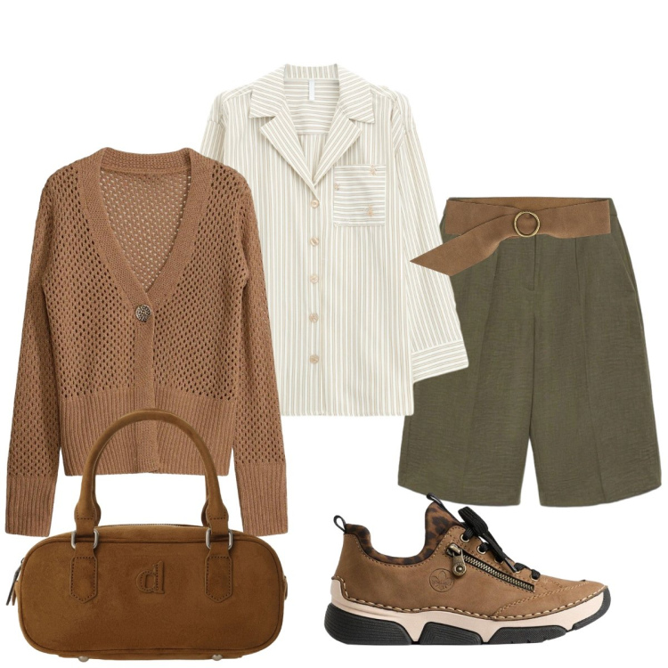 Outfit donna - Prime avvisaglie autunnali. Stile Casual chic per Tutti i giorni. Abbinamento con cardigans, sneakers, camicie, borse a mano, cinture, bermuda.