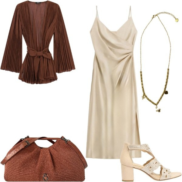 Outfit donna - Total look #2456312. Stile Romantica per Serata fuori. Abbinamento con sandali col tacco, vestiti midi/longuette, kimono, ciondoli, clutch.