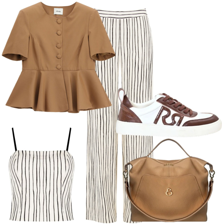 Outfit donna - Il blazer estivo. Stile Glamour per Ufficio. Abbinamento con top, canottiere, pantaloni a palazzo, sneakers, borse a mano.