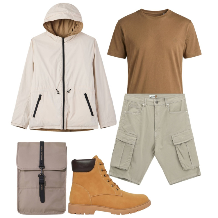 Outfit uomo - Escursione in montagna. Stile Casual Abbinamento con t-shirt, bermuda, borse sportive, giacche, stivali e stivaletti.