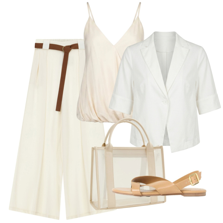 Outfit donna - Naturale in vacanza - Focus Donna Curvy. Stile Bon Ton per Tutti i giorni. Abbinamento con sandali, borse tote, pantaloni a palazzo, top, blazer.